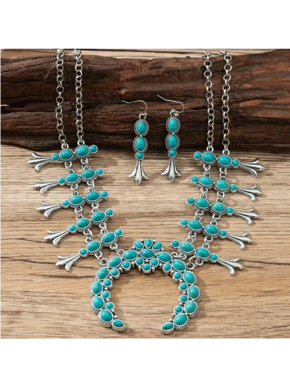 Imitation Turquoise & Silver Tone Squash Blossom Style Necklace & Earrings Set - Picture 2 of 3